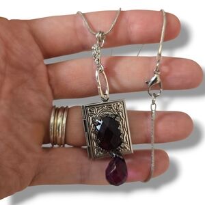Book Locket Necklace Silver tone Gothic victorian purple stone whimigoth fairy